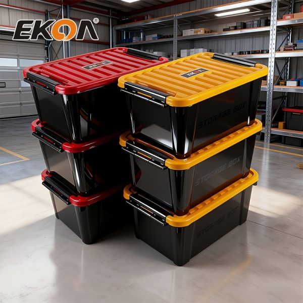 EKON Heavy-Duty Plastic Storage Box with Locking Lid & Clip-On Lid - Heavy-Duty Construction, Space-Saving Stackable Design, for Garage, Workshop, Home Organization - Ideal For Tools, Equipment, Parts - Durable Plastic Organizer, Compact Organizer