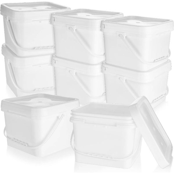 10pcs Heavy-Duty 2 Gallon Square Plastic Buckets with Lids & Snap-On White PP Pails - Stackable, Non-Slip Base, Containers for Paint, Storage,, Laundry, - Industrial & Home Use (Compatible with Lidsu002FSeparators