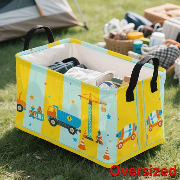 1pc Large Construction Vehicles Storage Basket with Dump Truck, Excavator & Cement Mixer Design - Heavy-Duty Oxford Bin for ', Party Favors, Cheese Boards & Charcuterie - Sturdy Metal Frame & Oxford Fabric Organizer