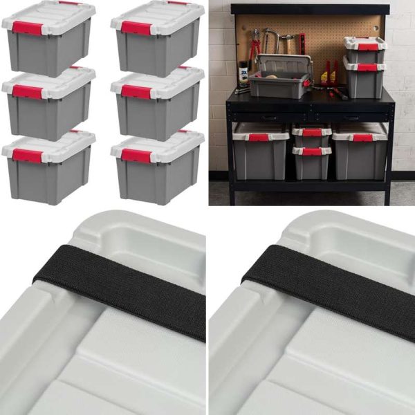 USA 5 Gallon Lockable Storage Totes w Lids 6 Pack, Gray, Heavy - Duty Stackable Containers for Garage Organizing Moving