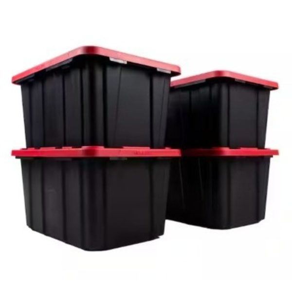 4-Pack Heavy-Duty & Large 27-Gallon Plastic Storage Totes with Flip-Top Snap-Lock Lids (Blacku002FRed) - Large Capacity Bulk Containers for Garage, Attic, Moving, Jobsite Organization - Stackable, Lockable, Tie-