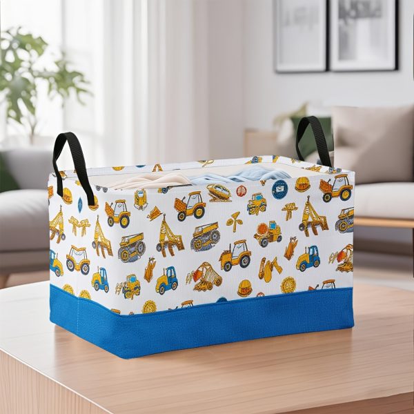 1pc Oversized Foldable Storage Bin with Cartoon Construction Vehicle Print - Durable Polyester, Metal Frame, Ideal for Toys, Clothes, and Office Supplies, 28cm x 45cm x 11.8inch, White with Blue Base, Perfect for Home Organization, Toy Storage Bin | Playful Design | Sturdy Handle, Toy Storage Organizer