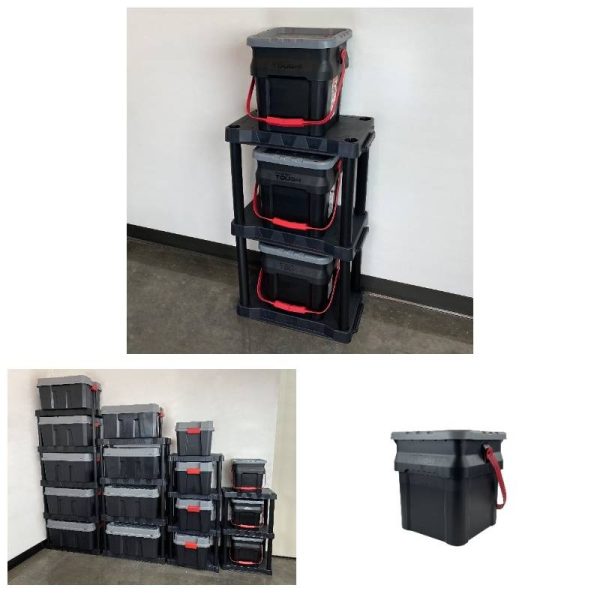 2-Pack Heavy Duty 5 Gallon Black Plastic Bucket Totes with Sturdy Stackable Design & Red Lid - Durable Outdooru002FIndoor Use, Spacious Rectangular Base for Stability, Ideal for Construction, Gardening, Moving, Storage - Easy-Carry Flat Base & Space-Sav