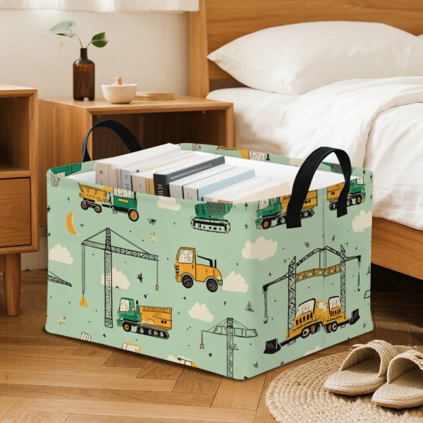 1pc Construction Vehicles & Cranes Collapsible Storage Bin - Heavy Print (Trucks, Excavators, Dump Trucks) with Black Top, Durable Organizer for Room,, Playroom, Outdoor Play, Shelf Baskets