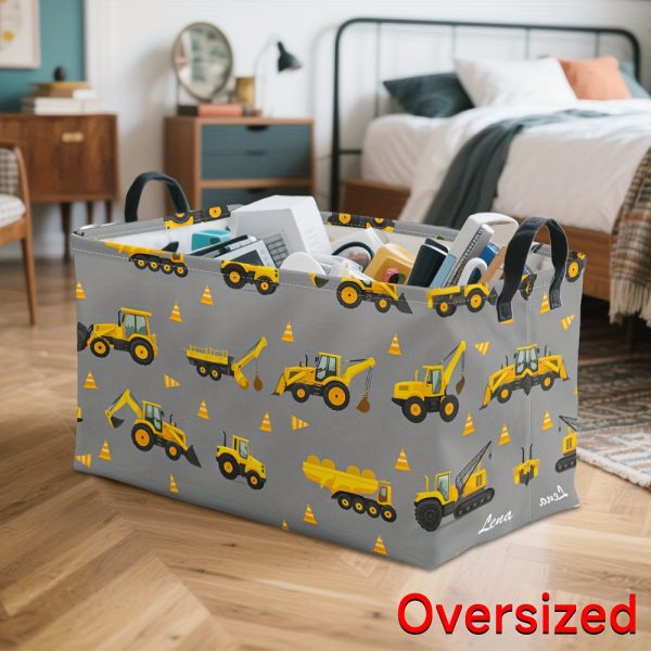 1pc Extra Large Heavy-Duty Storage Bin with Construction Vehicle Design - Foldable Laundry Hamper, Garage Organizer, Book Bin - Sturdy Metal Frame, Space-Saving for Home, Office, Car Trunk - Ideal for ' Rooms & Construction-Themed Decor, Home Organization, Playful Pattern, Durable Fabric, Multipurpose Container, Home Organizers, Baking Hamper, Fabric Toy Box Lid, Toy Organizer For Boy, Toy Car Storage Box, Coffee Tea Organiser Basket Pine, Collapsible Basket Halloween, Square Basket