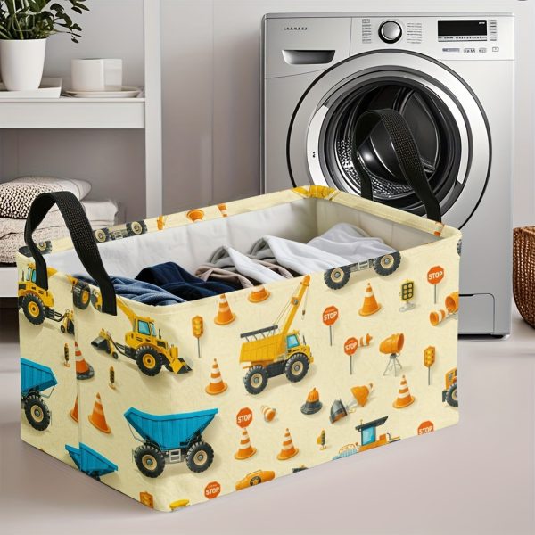1pc Oversized Foldable Square Storage Bin with Construction Vehicles Print & Sturdy Metal Frame - Heavy-Duty Oxford Fabric-like Organizer for ', Craft Room, Laundry Basket, Storage - Collapsible Large Bin