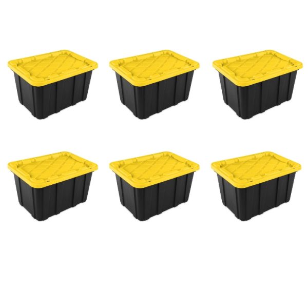 6 Pack Heavy-Duty 27 Gallon Industrial Plastic Totes with Snap-On Lids - Rugged Black & Yellow Stackable Storage Bins, Reinforced Edges & Large Capacity for,, Manufacturing, Commercial Use (Compatible with pallet
