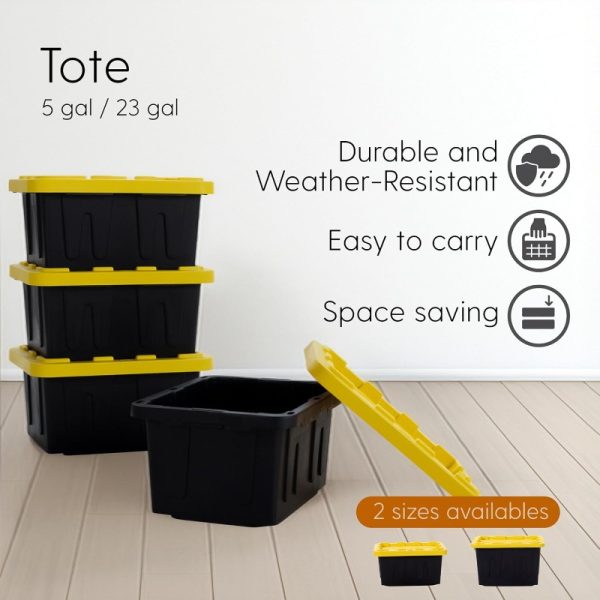 2-Pack Heavy-Duty 5-Gallon Plastic Storage Totes with Lockable Lids - Stackable Large Capacity Bins, Reinforced Edges & Textured Grip, Black & Yellow Durable Plastic Construction for Garage, Home, Workshop, Pantry Organization - Ideal for Tools