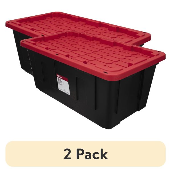 2 pack Extra Large Storage Bin 40 Gallon Plastic Storage Container with Snap-On Lid Black and Red Industrial