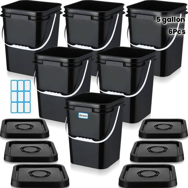6pcs 5 Gallon Square Bucket Pail with Plastic Handle And Lid Storage Food Container Industrial Pail with DIY Label Sticker for Multipurpose Paint Water Art Crafts Project (Black)