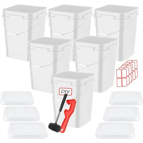 5 Gallon Bucket with Lid Square Food Grade Plastic Pail with Metal Handles Heavy Duty Industrial Storage Containers with DIY Stickers Rubber Mallet Lid Opener 6 Pack White