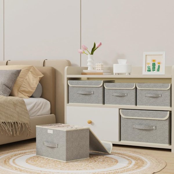 5-Pack Large Fabric Storage Bins Cube Organizers with Flip-Top Lid & Sturdy Handles - Heavy-Duty Grey Storage Boxes with Label-Free Front Panel, Stackable Design for Home, Office, Closet Organization - Durable Fabric Construction
