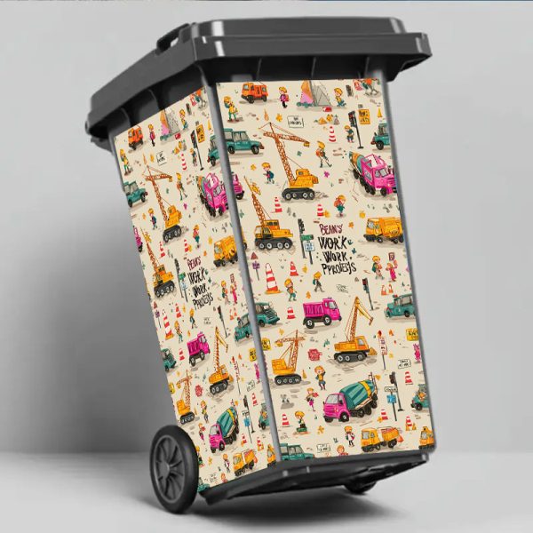 3pcs Construction Site Trash Can Stickers - Construction Vehicle Designs (Cement Mixers, Forklifts, Dump Trucks) - Self-Adhesive Vinyl Bin Decals for Garage, Kitchen, Office, Workplace - Easy Application & Residue-Free Removal - Ideal for Constructi