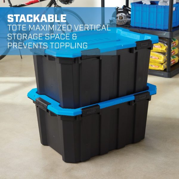 2-Pack Heavy-Duty 24 Gallon Storage Bins with Secure Latching Lids - Stackable, Reinforced Edges, for Home, Garage, Warehouse, Moving - Large Capacity Organizer Bins (Black Base & Blue Lid), Home Organization, Stackable Design, Durable Construction, Multipurpose Container, Warehouse Workers, Storage Boxes for Organizing