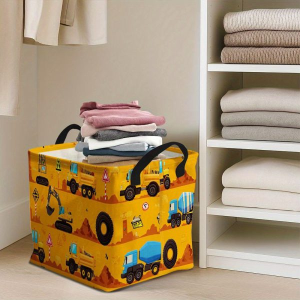 1pc Vintage Construction Site Organizer Bin with Handles - Heavy-Duty Collapsible Storage Bin, Construction-Themed Design (Trucks, Excavators, ) - For Home, Office, Laundry, Dorm, Workshop - Indooru002Foutdoor Use, Laundry Room Organizer