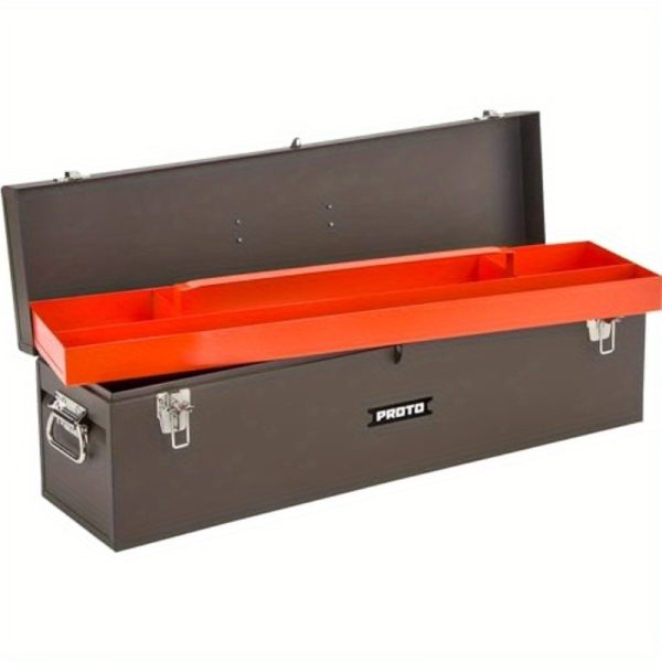 J9979NA Vintage Carpenter's Box with Hinged Lid & Orange Interior - Heavy-Duty Polypropylene Storage Chest for Tools, Screws, Nails - Durable Workbench Organizer with Label Holder for Workshop & Home Use