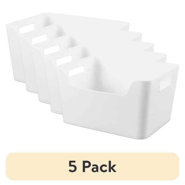 5-Pack Large White Plastic Storage Bins with Open-Top Lid & Side Ridges - Heavy-Duty Stackable Organizers with Rounded Corners, Durable Plastic Construction for Home, Office, Pantry, Garage, or Classroom Organization - Space-Saving Design
