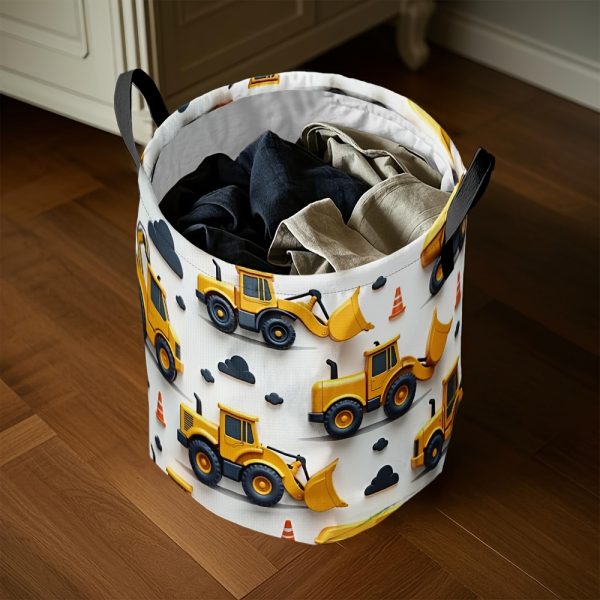 1pc Large Round Polyester Storage Basket with Handles - Spacious Organizer Bin for Laundry, Clothes, and Toy Storage in Bedroom, Playroom, or Home - Features Excavator and Construction Theme Design, Laundry Basket, Laundry Baskets
